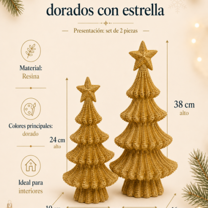 Árbol navideño dorado grande con estrella – 38 cm