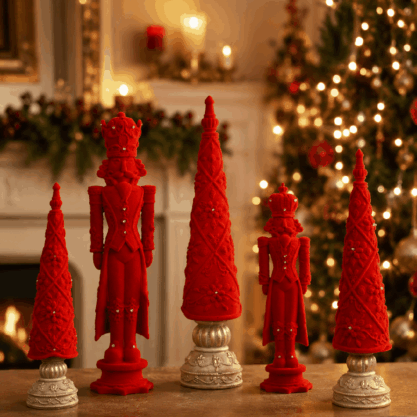 Set decorativo navideño rojo de resina y terciopelo con luz