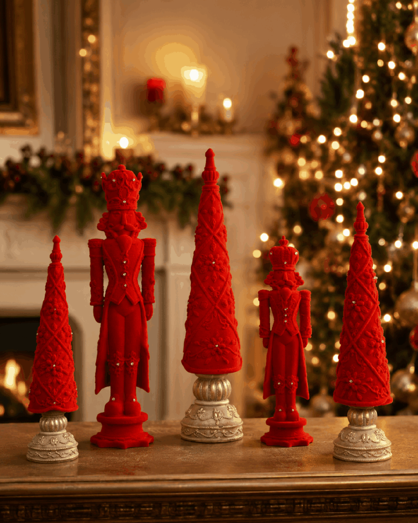 Set decorativo navideño rojo de resina y terciopelo con luz