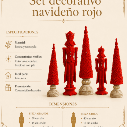 Set decorativo navideño rojo de resina y terciopelo con luz