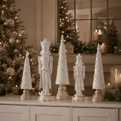 Set decorativo navideño blanco de resina y terciopelo con luz
