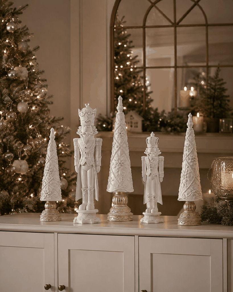Set decorativo navideño blanco de resina y terciopelo con luz