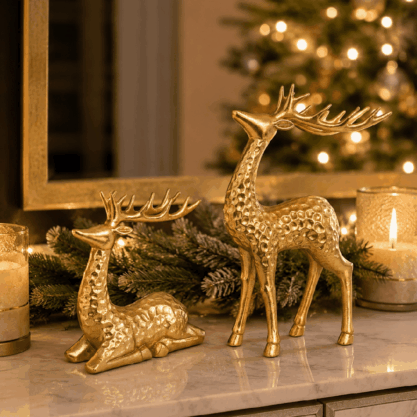 Set de 2 alces navideños dorados de resina – 30 y 25 cm