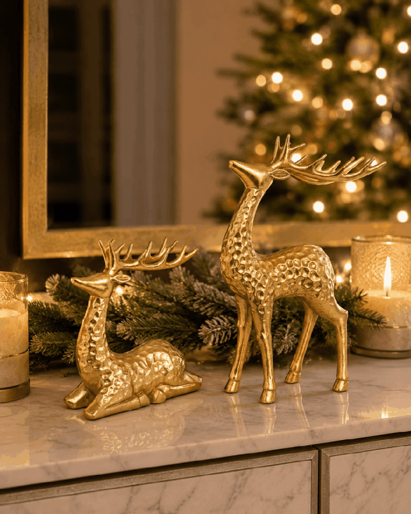 Set de 2 alces navideños dorados de resina – 30 y 25 cm