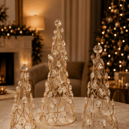 Set de 3 árboles navideños de cristal y metal dorado