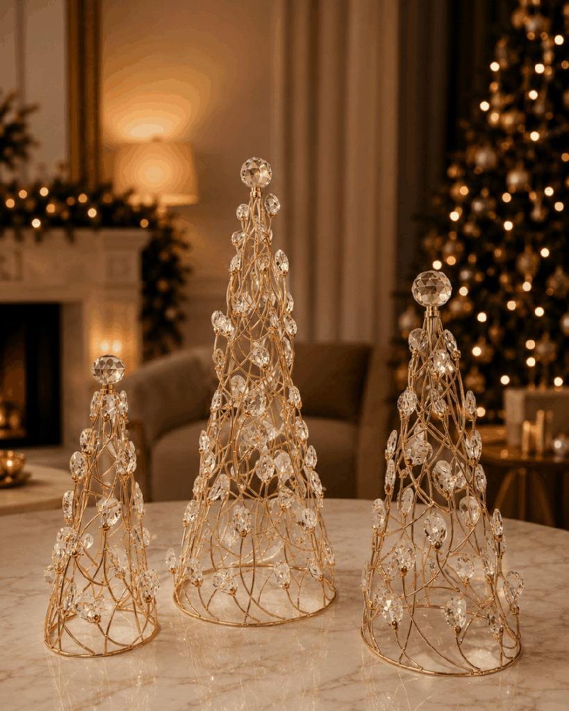 Set de 3 árboles navideños de cristal y metal dorado