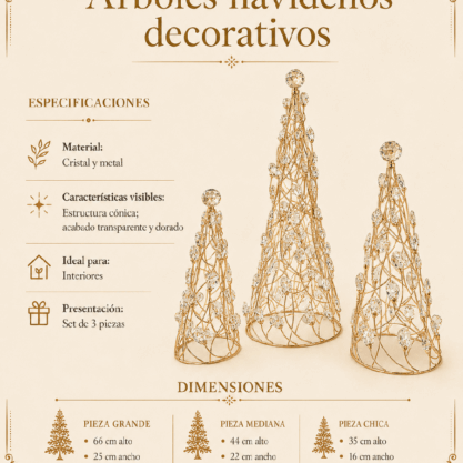 Set de 3 árboles navideños de cristal y metal dorado