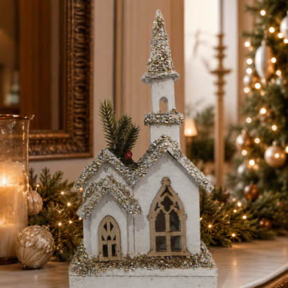 Iglesia navideña blanca de madera – 38 cm