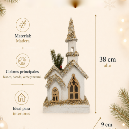 Iglesia navideña blanca de madera – 38 cm