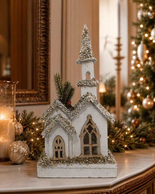 Iglesia navideña blanca de madera – 38 cm