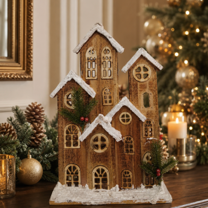 Villa navideña de madera natural – 41 cm