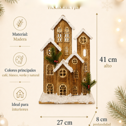 Villa navideña de madera natural – 41 cm