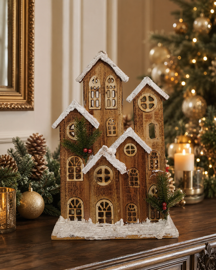 Villa navideña de madera natural – 41 cm