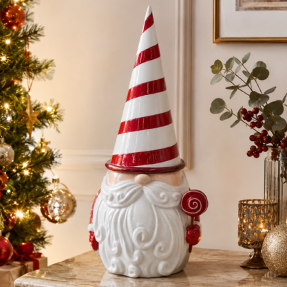 Gnomo navideño blanco con gorro a rayas – 50 cm