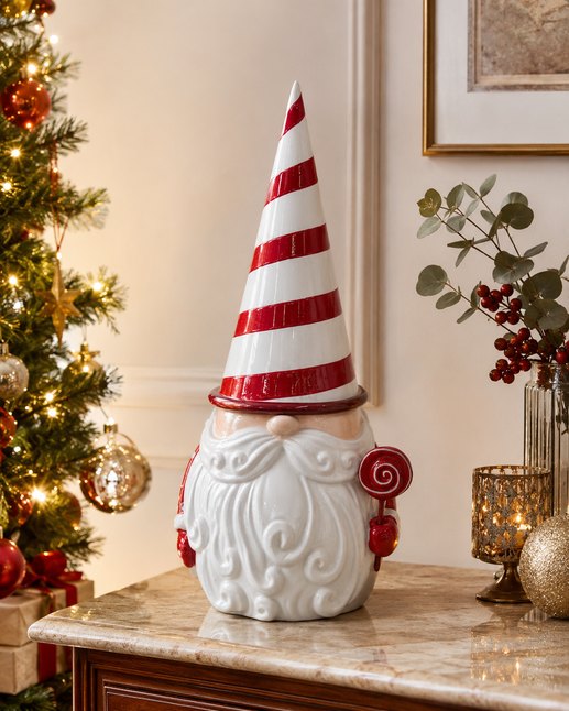Gnomo navideño blanco con gorro a rayas – 50 cm