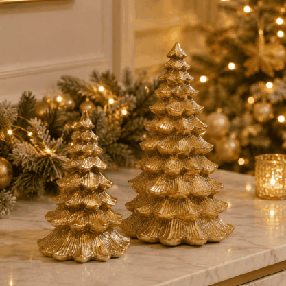 Set de 2 árboles navideños dorados de resina – 28 y 23 cm