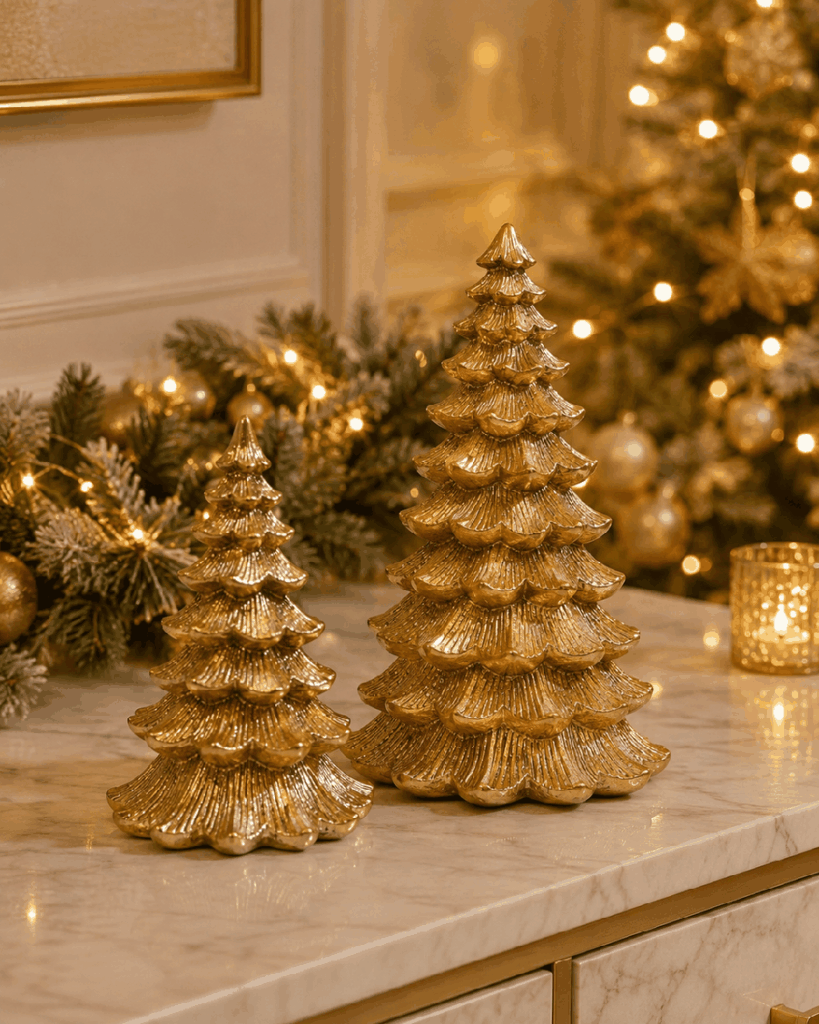 Set de 2 árboles navideños dorados de resina – 28 y 23 cm